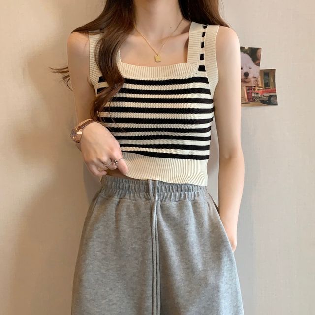 Neck Top Striped Square Crop Tank
