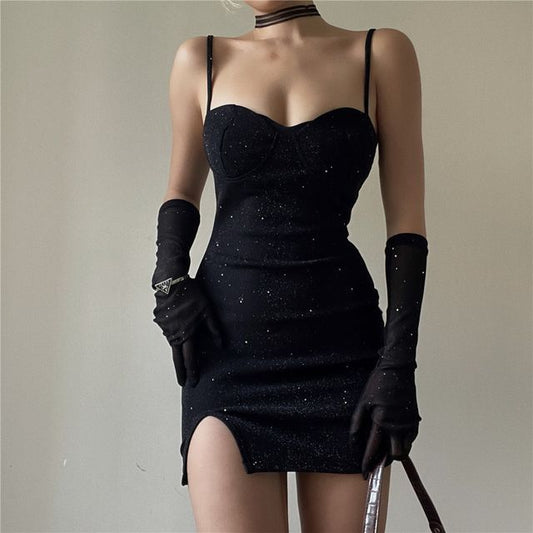 + Rhinestone Gloves Set: Spaghetti Neckline Bodycon Sweetheart Strap Dress Mini Long