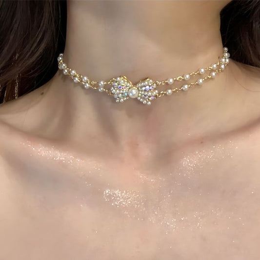 Alloy Choker Bow Faux Pearl Layered