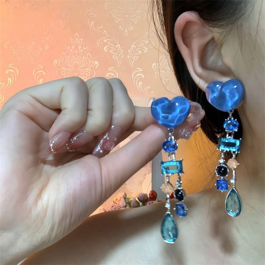 Heart Fringed Rhinestone Earring Alloy