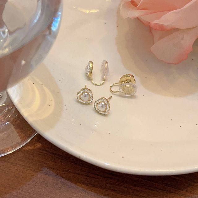 Rhinestone / Earring Heart Clip-On Stud Pearl Faux