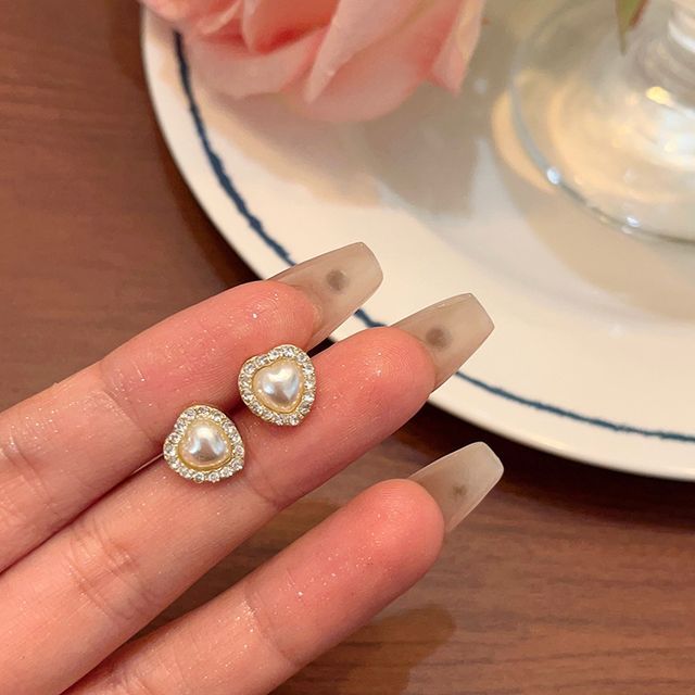 Rhinestone / Earring Heart Clip-On Stud Pearl Faux