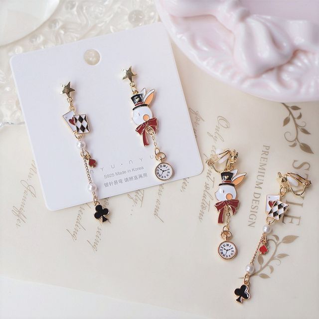 Rabbit Enamel Clip Asymmetrical Drop Poker / Earring On