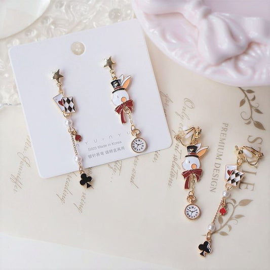 Rabbit Enamel Clip Asymmetrical Drop Poker / Earring On