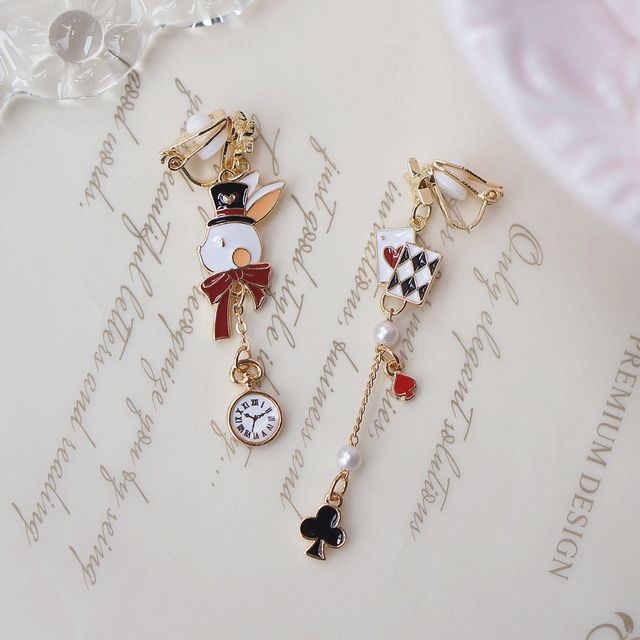 Rabbit Enamel Clip Asymmetrical Drop Poker / Earring On