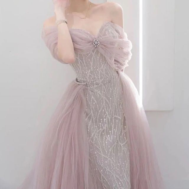 Off-Shoulder Evening Bow Gown Mesh A-Line Rhinestone Sequined