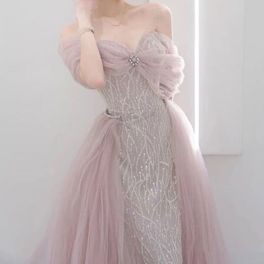 Off-Shoulder Evening Bow Gown Mesh A-Line Rhinestone Sequined