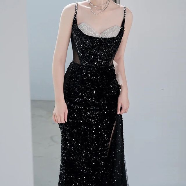 Gown Evening Strap Faux Sequined Pearl Mermaid Spaghetti Mesh Panel