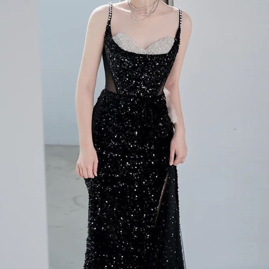 Gown Evening Strap Faux Sequined Pearl Mermaid Spaghetti Mesh Panel