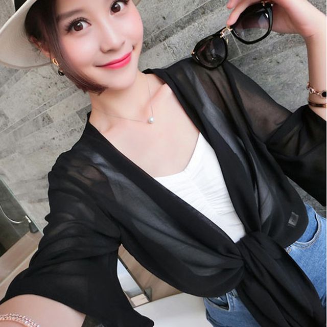 Elbow-Sleeve Jacket Front Crop Plain Chiffon Tie