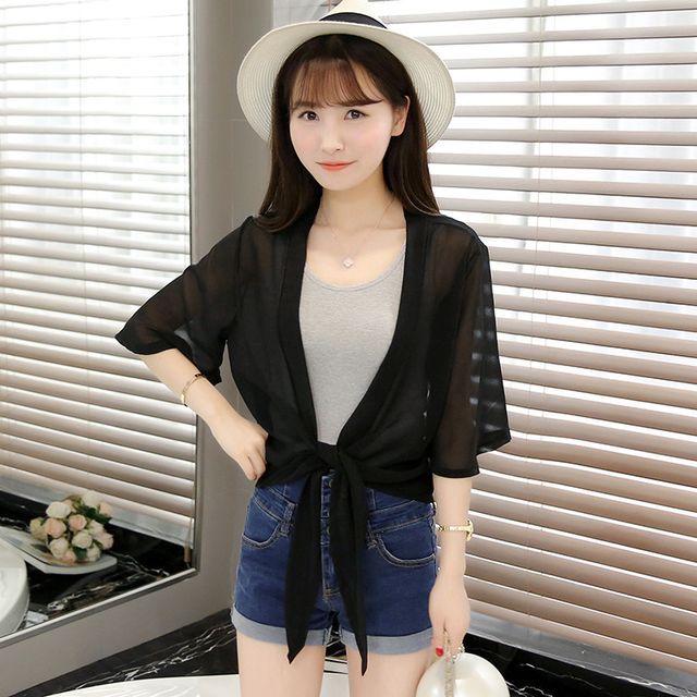Tie Front Elbow-Sleeve Plain Chiffon Jacket Crop