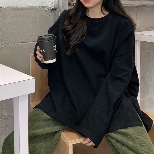 Slit Neck Plain Long-Sleeve T-Shirt Oversized Round