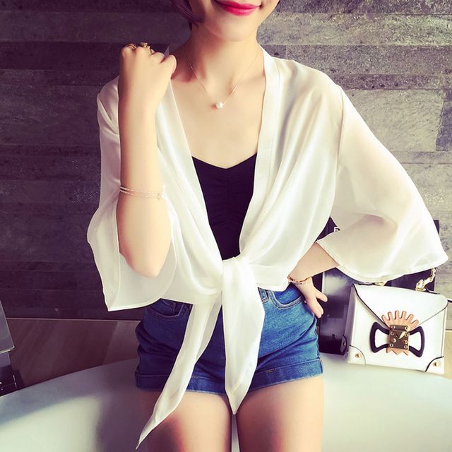 Elbow-Sleeve Jacket Front Crop Plain Chiffon Tie