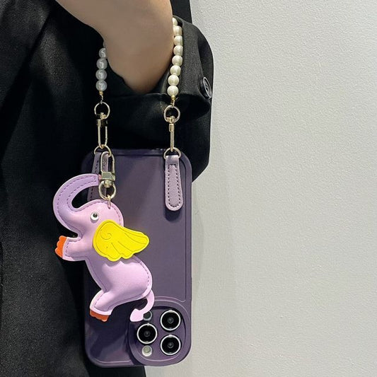 Strap Faux Phone Elephant Pearl Charm Leather Case
