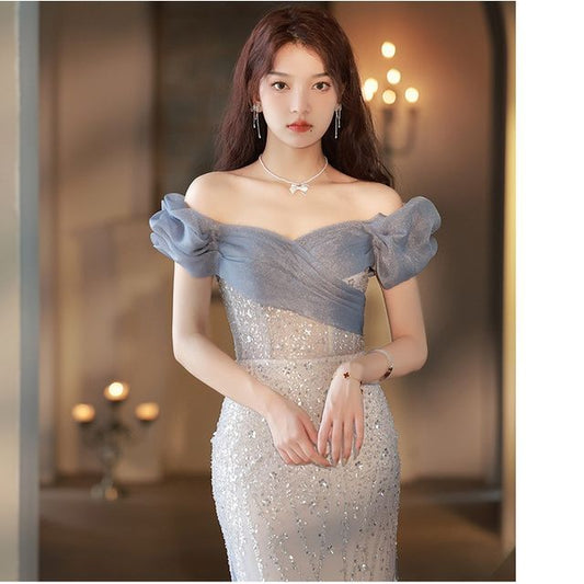 Gown Evening Mesh Off Shoulder Trained A-Line