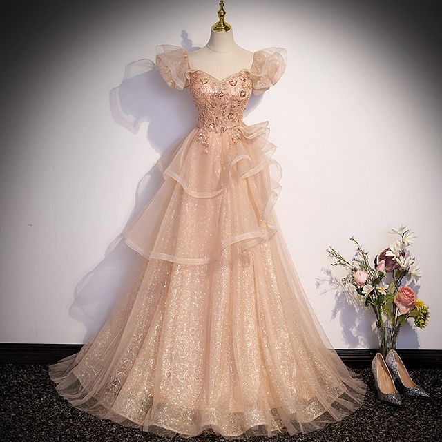 Gown Mesh Evening Sweetheart A-Line Neckline Cap-Sleeve