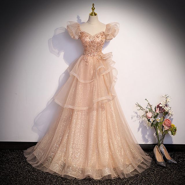 Gown Mesh Evening Sweetheart A-Line Neckline Cap-Sleeve