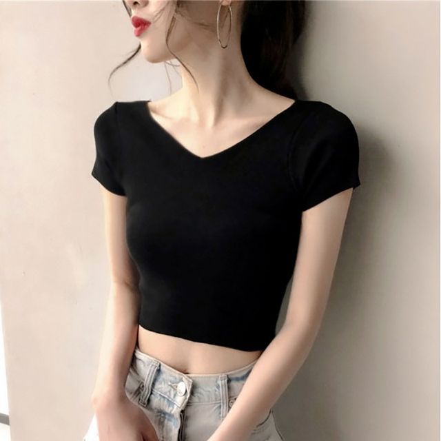 T-Shirt V-Neck Plain Cropped Short-Sleeve