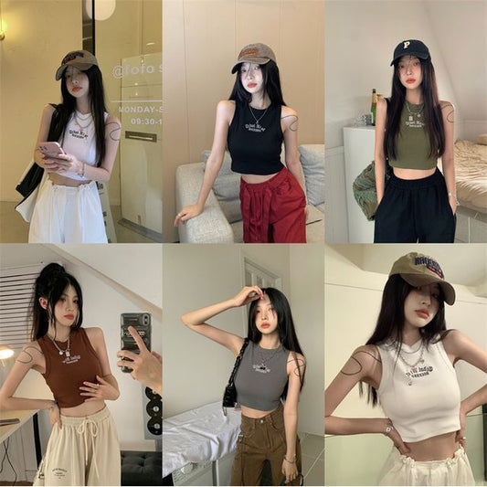 Neck Letter Tank Embroidered Crew Crop Top