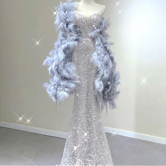 Scarf / Fur Strapless Gown Sequin Faux Evening Mermaid