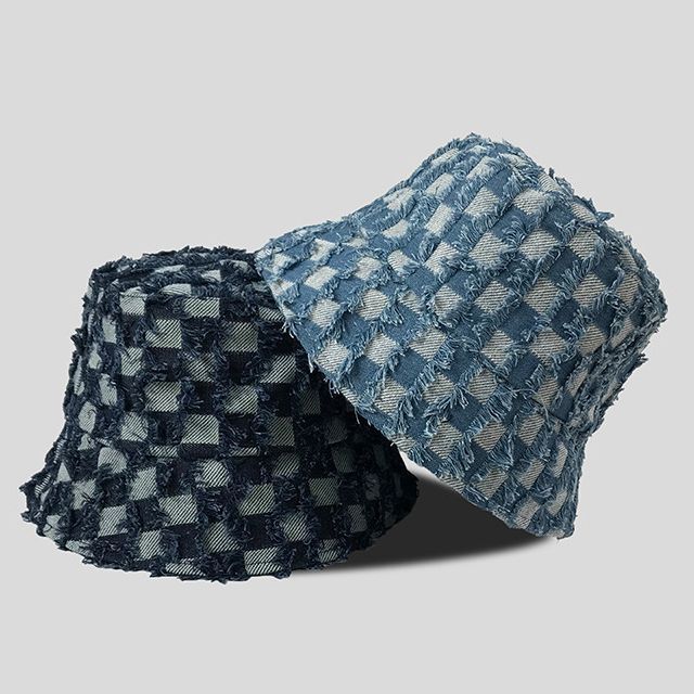 Hat Denim Checker Bucket Fringed
