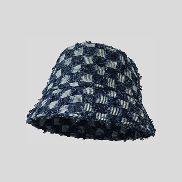 Hat Denim Checker Bucket Fringed
