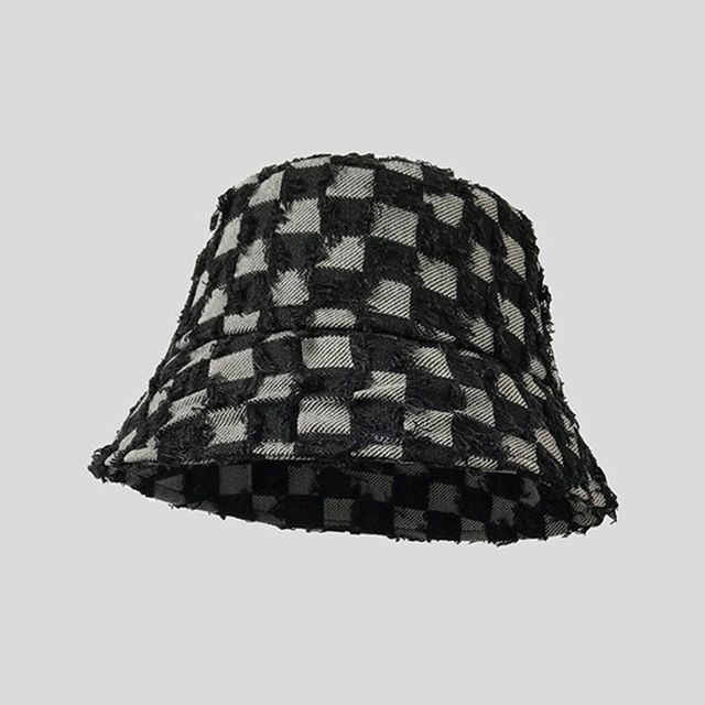 Hat Denim Checker Bucket Fringed