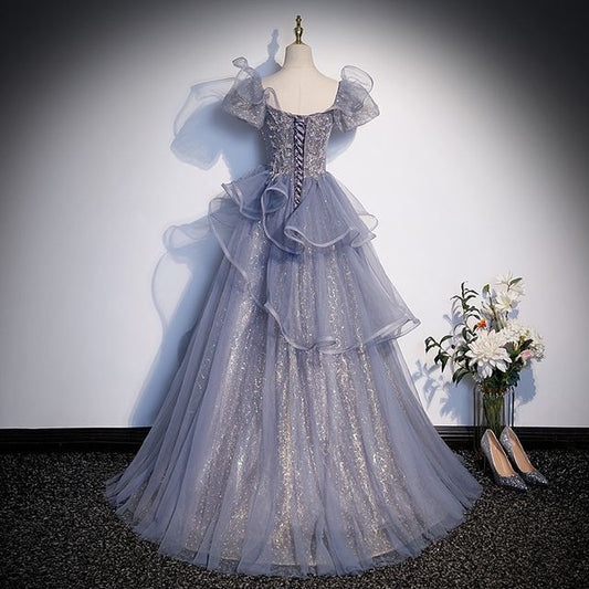 Gown Sleeve Sequin Neck Mesh Puff A-Line Panel Evening Square Ruffle