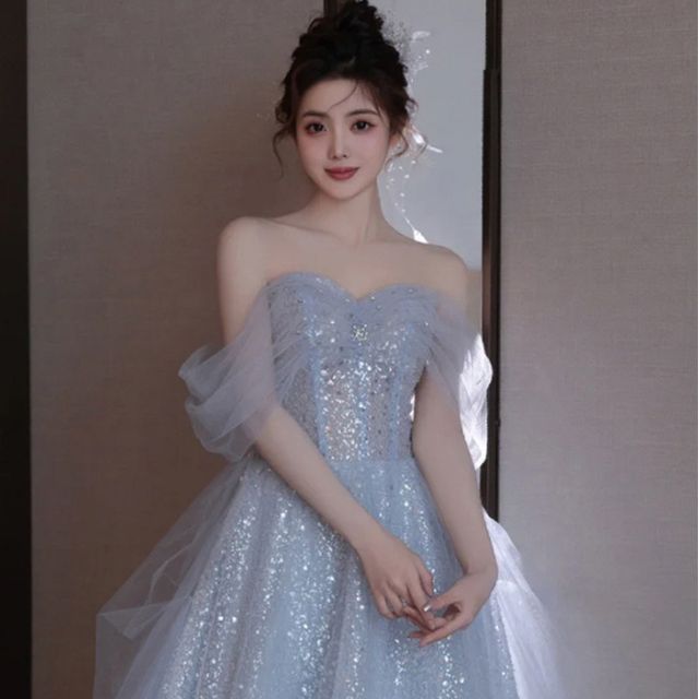 Glitter Midi A-Line Cold Evening Gown Shoulder