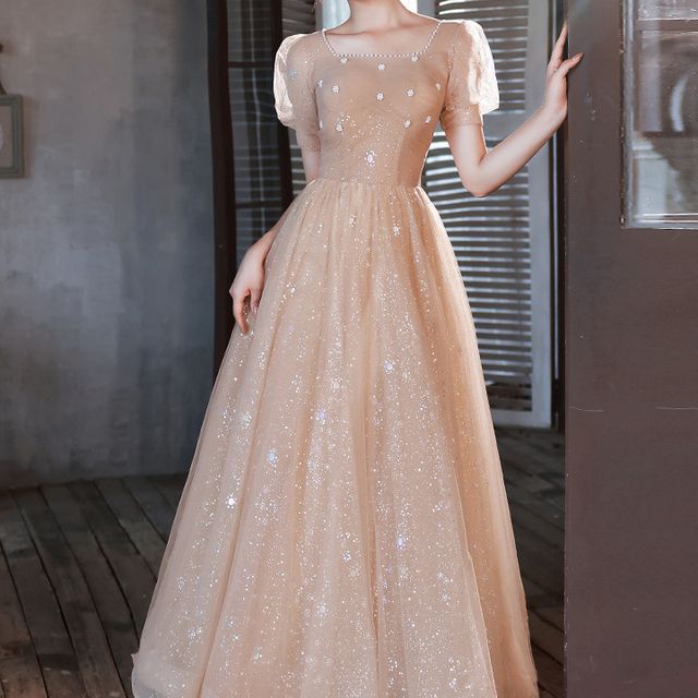 Pearl Neck Gown Short-Sleeve Mesh Evening Square Faux Glitter A-Line Trim Ruched