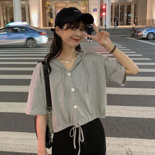 Cropped Hooded Tee Plain Short-Sleeve Button-Up