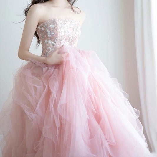 Strapless A-Line Embroidered Panel Gown Mesh Evening Flower