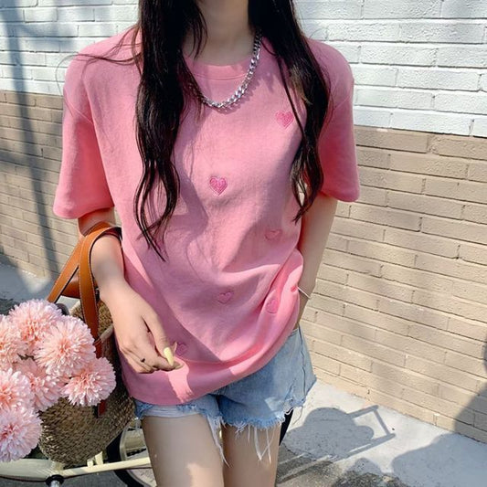 Embroidered Tee Heart Neck Round Short-Sleeve