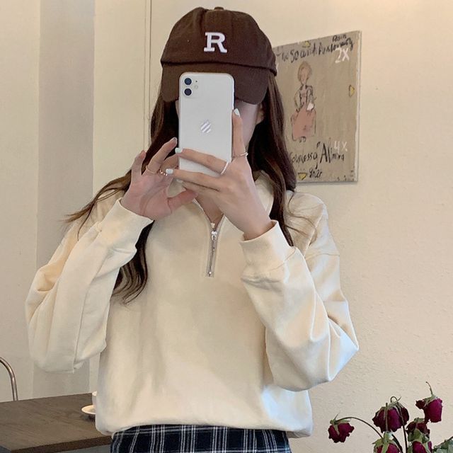 Plain Long-Sleeve Sweatshirt Polo-Neck Half-Zip