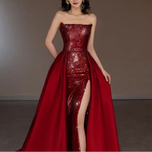 Evening Paneled Sequined Gown Strapless A-Line