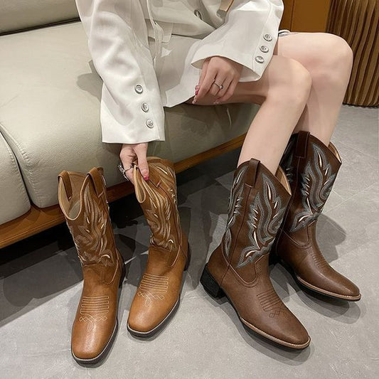 Embroidered Heel Boots Chunky Cowboy