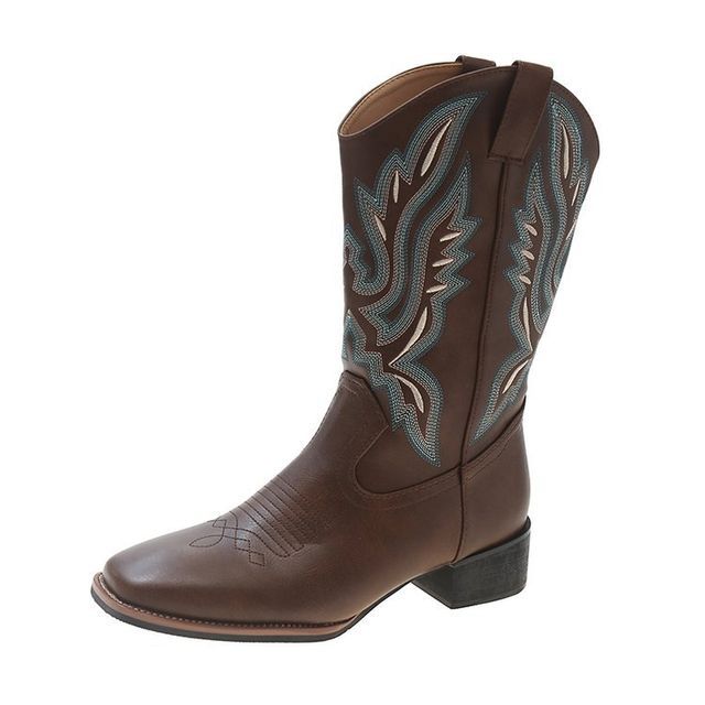 Embroidered Heel Boots Chunky Cowboy
