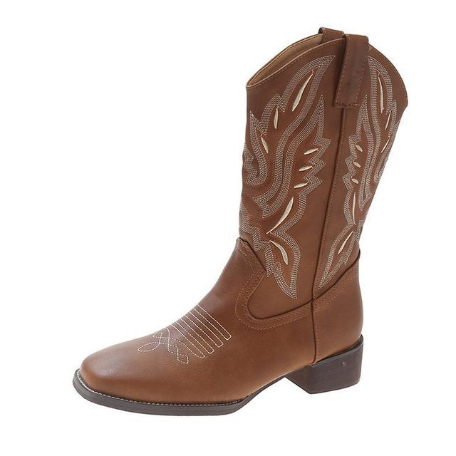 Embroidered Heel Boots Chunky Cowboy