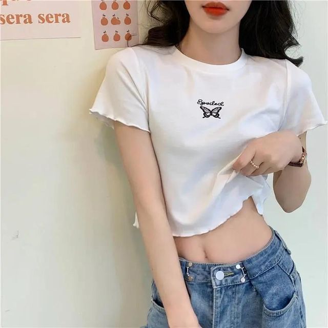 Lettuce Short-Sleeve Neck Crew T-Shirt Butterfly Embroidered Crop Edge