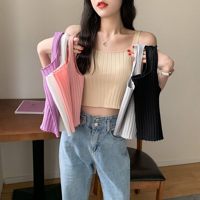 Plain Tank Crop Neck Top Knit Square Ribbed
