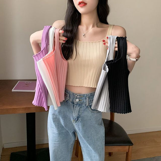 Plain Tank Crop Neck Top Knit Square Ribbed