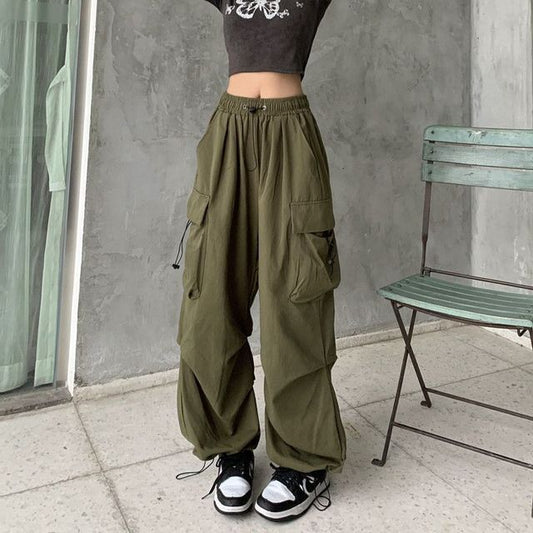 Wide Cargo Leg Drawstring Waist Plain Pants