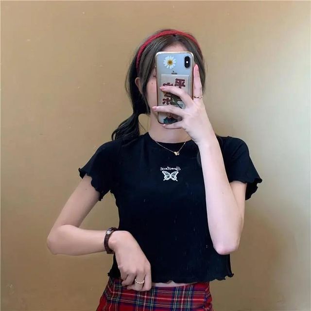 Lettuce Short-Sleeve Neck Crew T-Shirt Butterfly Embroidered Crop Edge