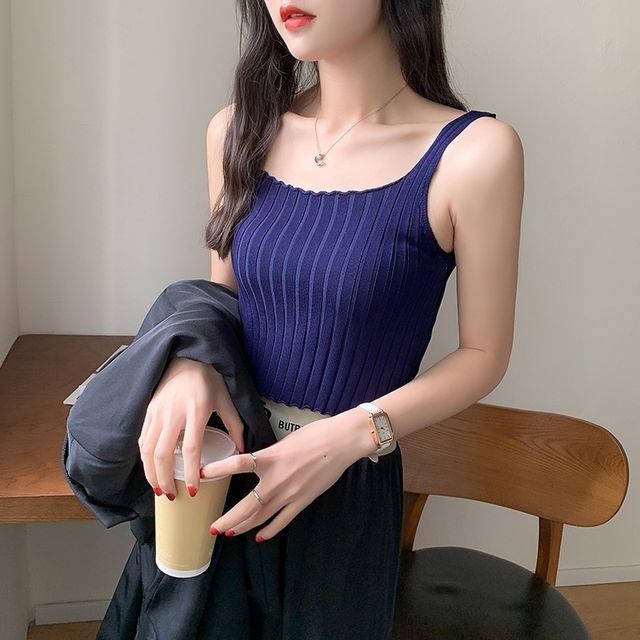 Plain Tank Crop Neck Top Knit Square Ribbed