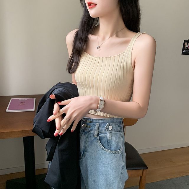 Plain Tank Crop Neck Top Knit Square Ribbed