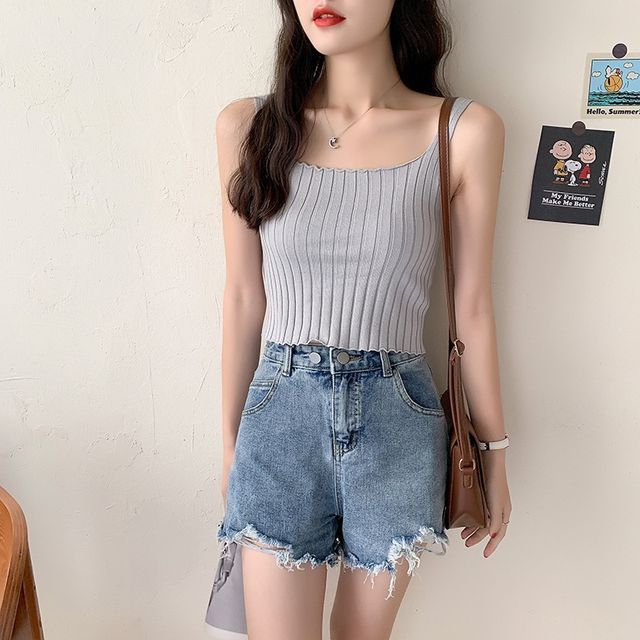 Plain Tank Crop Neck Top Knit Square Ribbed