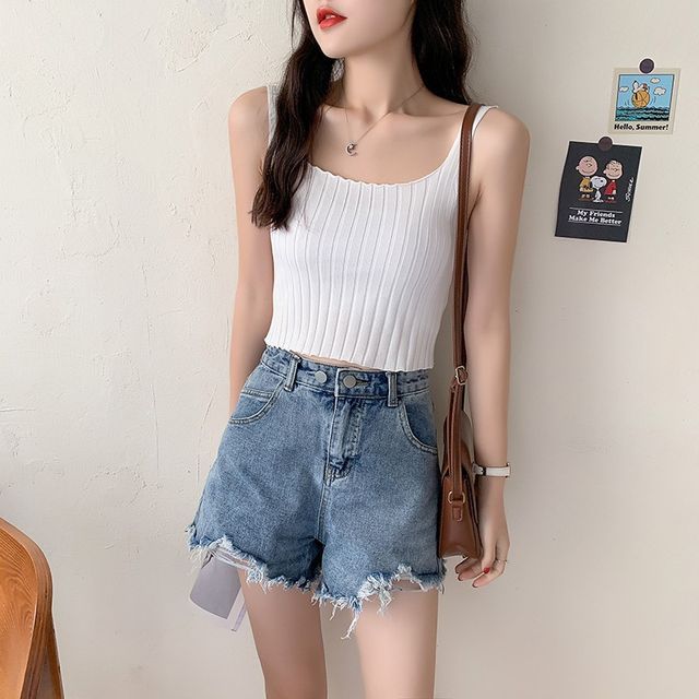 Plain Tank Crop Neck Top Knit Square Ribbed