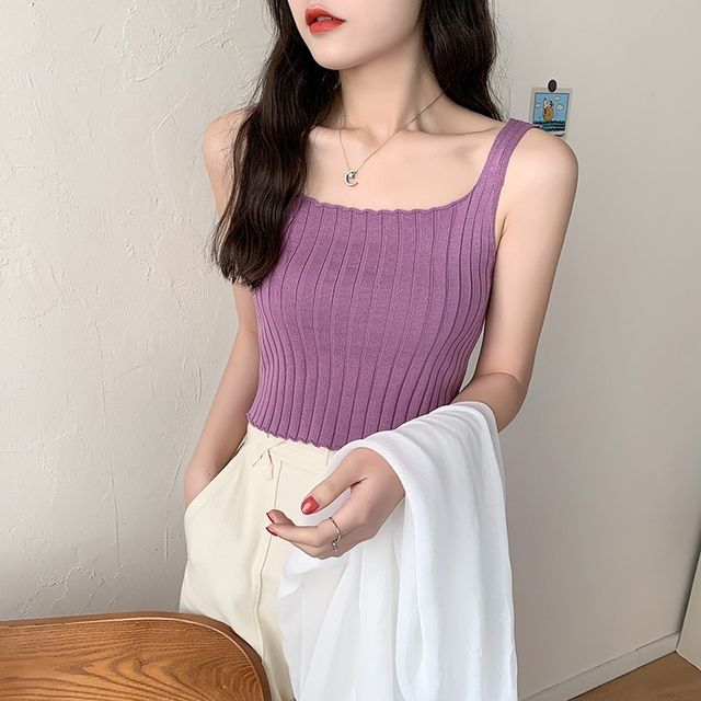 Plain Tank Crop Neck Top Knit Square Ribbed