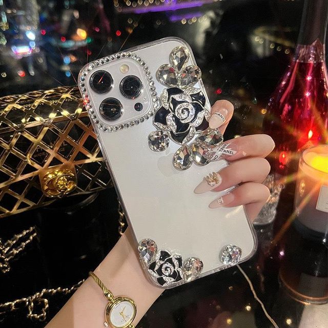 Rhinestone Phone Floral Transparent Case