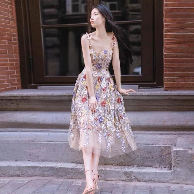 Accent Spaghetti Flower A-Line Cocktail Evening Mesh Strap Midi Dress Gown /